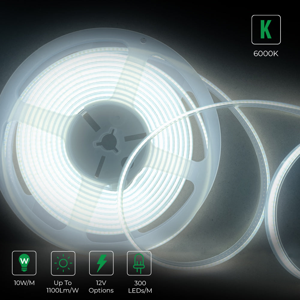 Ener-j T457 12V COB LED Strip Lights with 300 LEDs/M, 10W/M, 1100lm/M, CRI 90-92, 5M Roll, 6000K