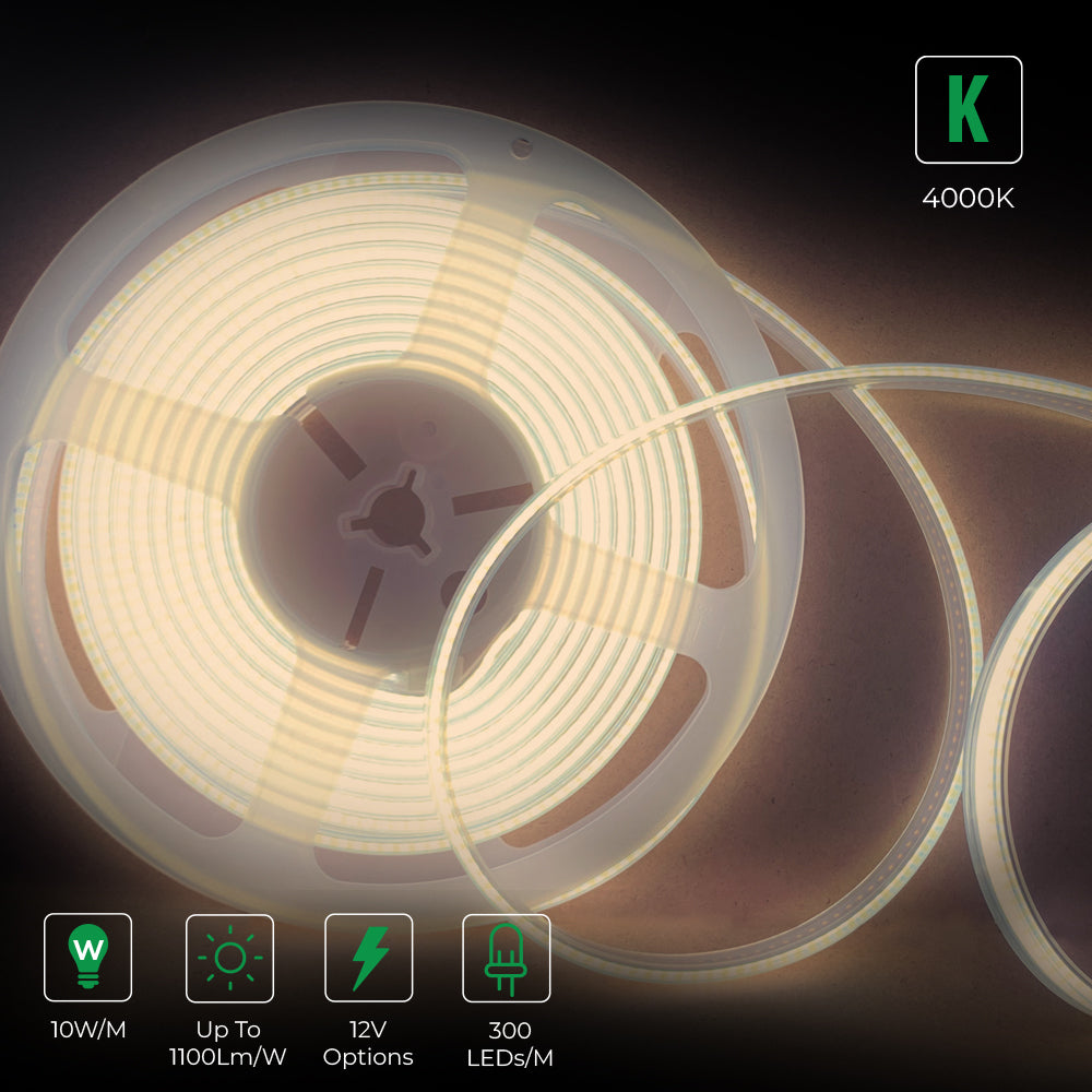 Ener-j T458 12V COB LED Strip Lights with 300 LEDs/M, 10W/M, 1100lm/M, CRI 90-92, 5M Roll, 4000K