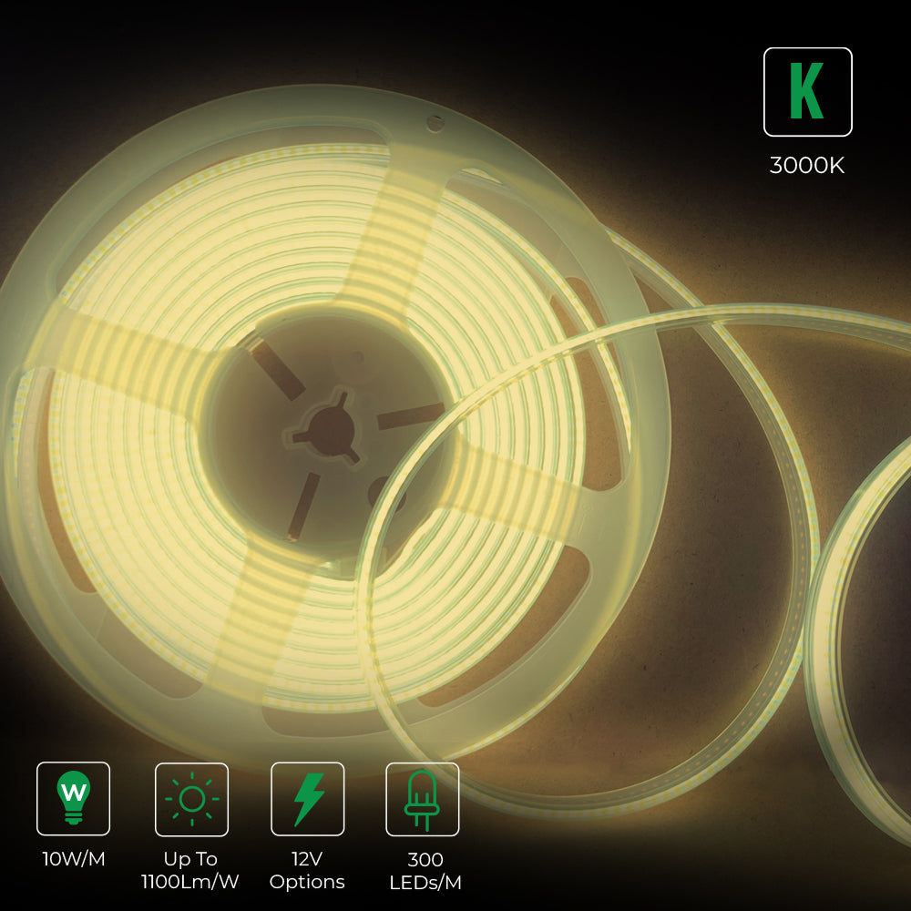 Ener-j T459 12V COB LED Strip Lights with 300 LEDs/M, 10W/M, 1100lm/M, CRI 90-92, 5M Roll, 3000K