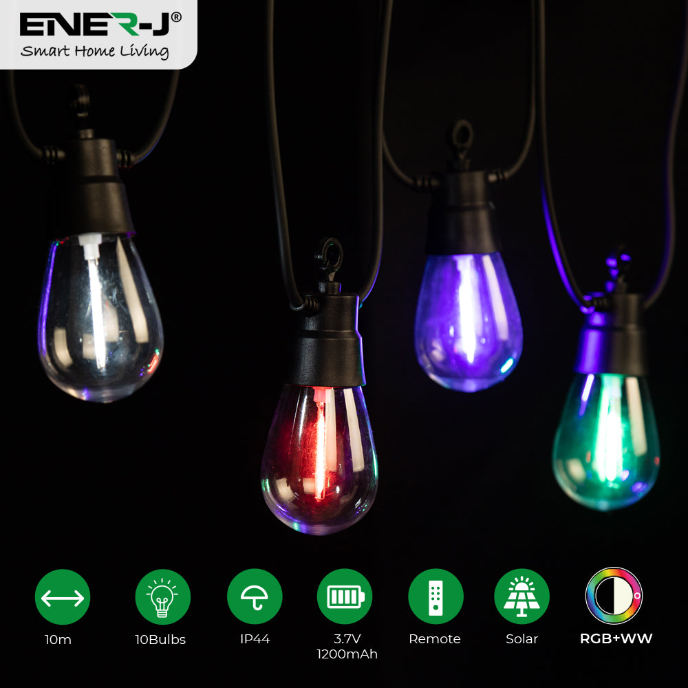 Ener-j T475 Solar RGB+WW (2 Way) String Lights with Remote, 10 Meters, 10 lamps, IP44