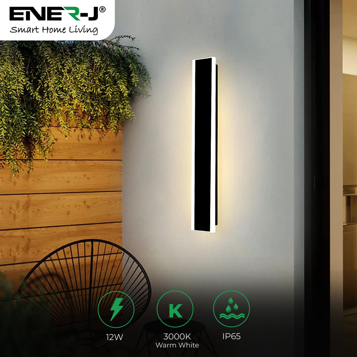 Ener-j T484 60 x 8 cms size Outdoor Acrylic Black Wall Lights, 12W Waterproof IP65 Warm White