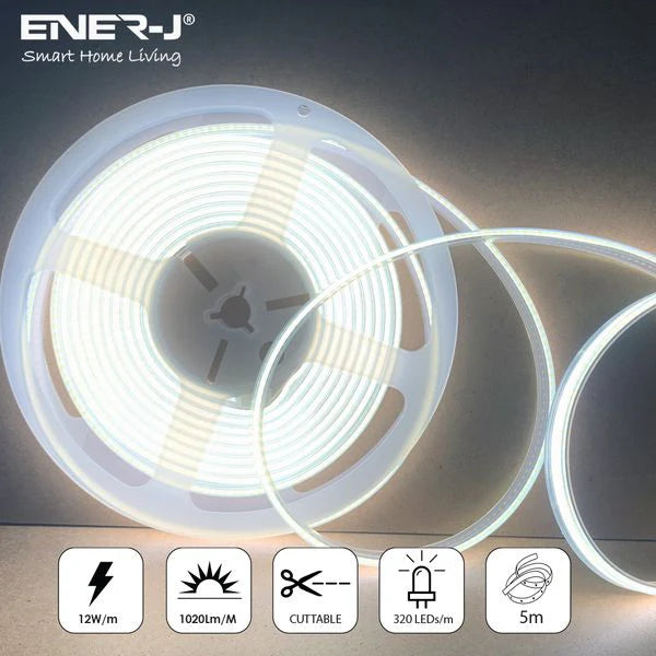 Ener-j T489 24V COB LED Strip Lights with 320 LEDs/M, 10W/M, 1020lm/M, CRI 90-92, 30m Roll, 6000K, IP20