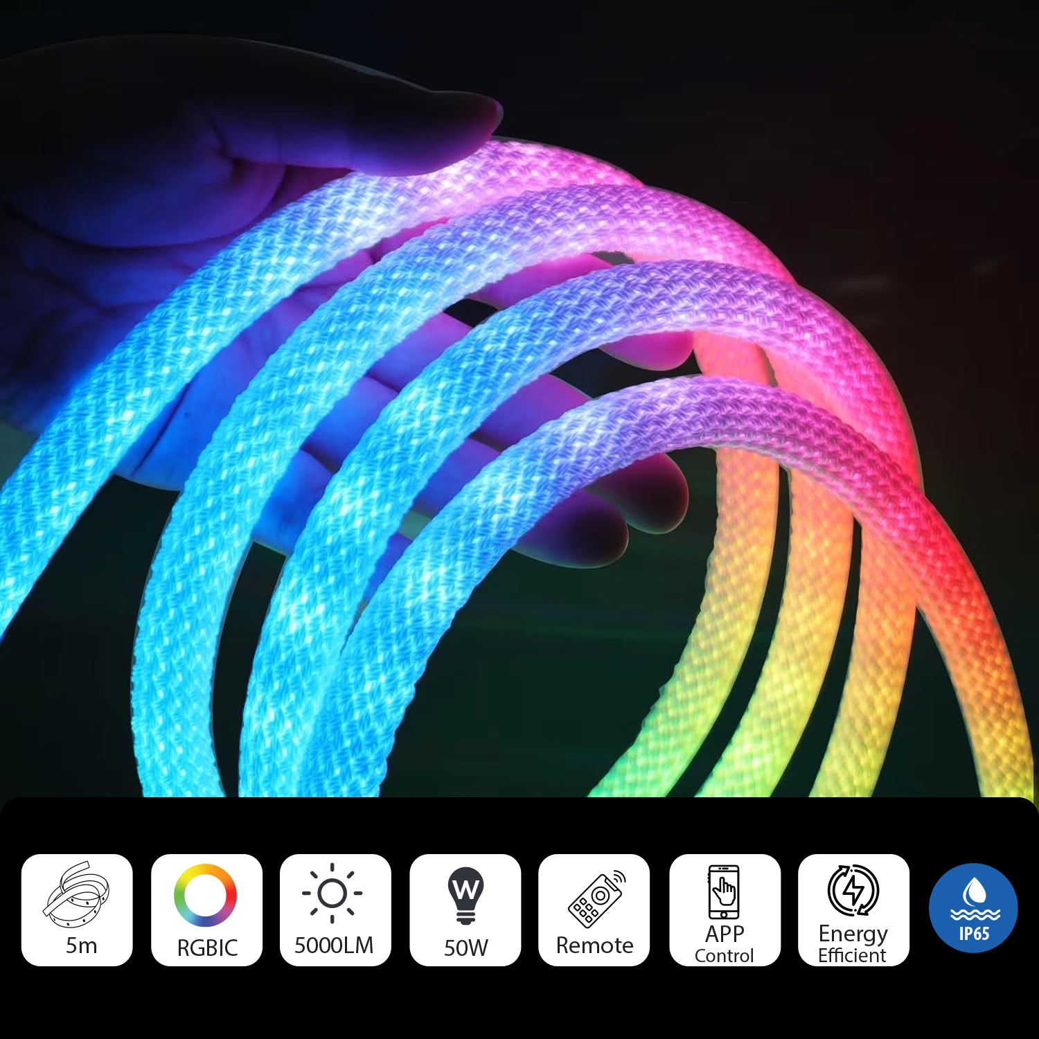 Ener-j T494 5 Meters RGBIC Digital 16mm Big Rope Light Kit with Remote & APP control