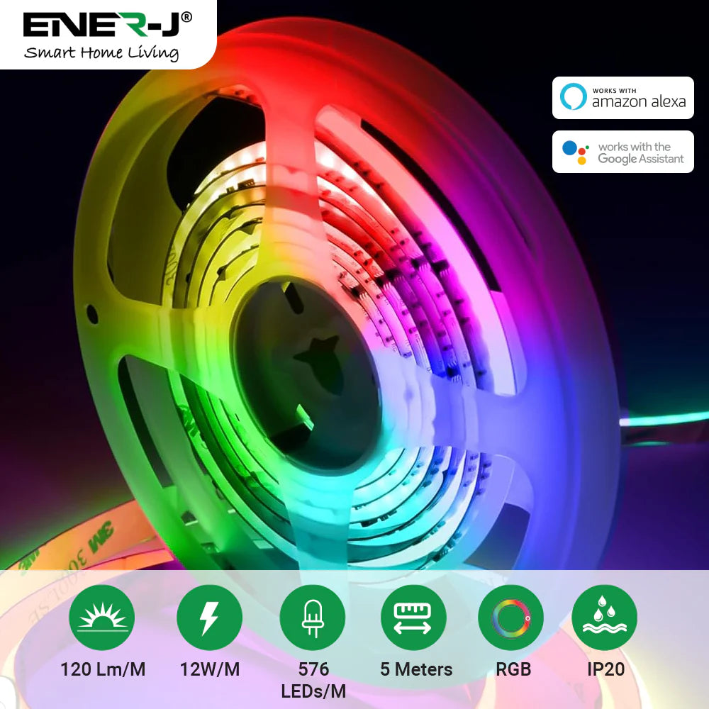 Ener-j T498 Smart Plug & Play Digital RGB COB LED Strip Light Kit 5 Metres 576 LEDs/M WiFi APP & Remote Control Works with Alexa & Google Assistant