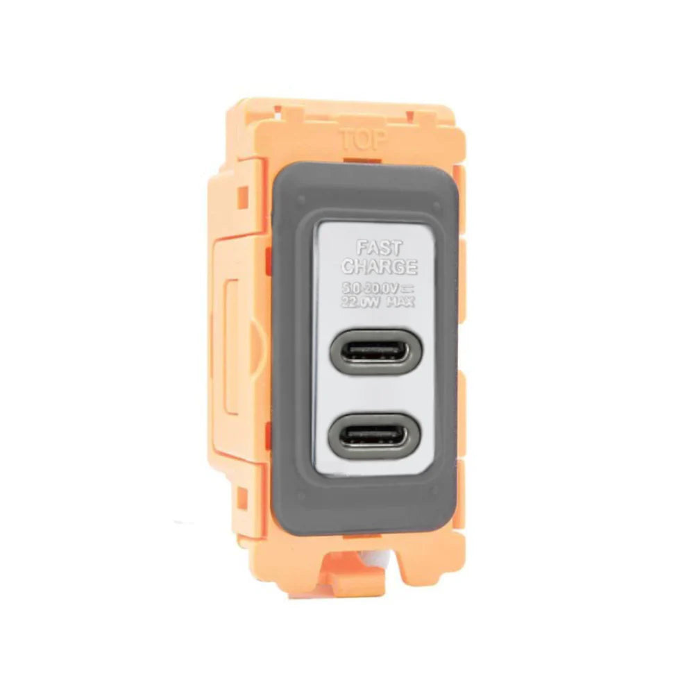 GRID-IT FL FLUSBC+C-BC-QG 2 gang USB Type C Outlets (3.6A Shared) + Bezel with Bright Chrome/Black/White/Quartz Grey Inserts
