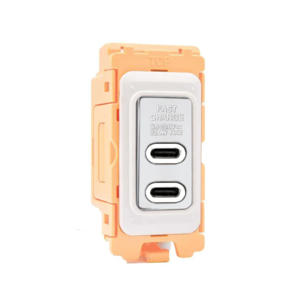 GRID-IT FL FLUSBC+C-BC-W 2 gang USB Type C Outlets (3.6A Shared) + Bezel with Bright Chrome/White Inserts