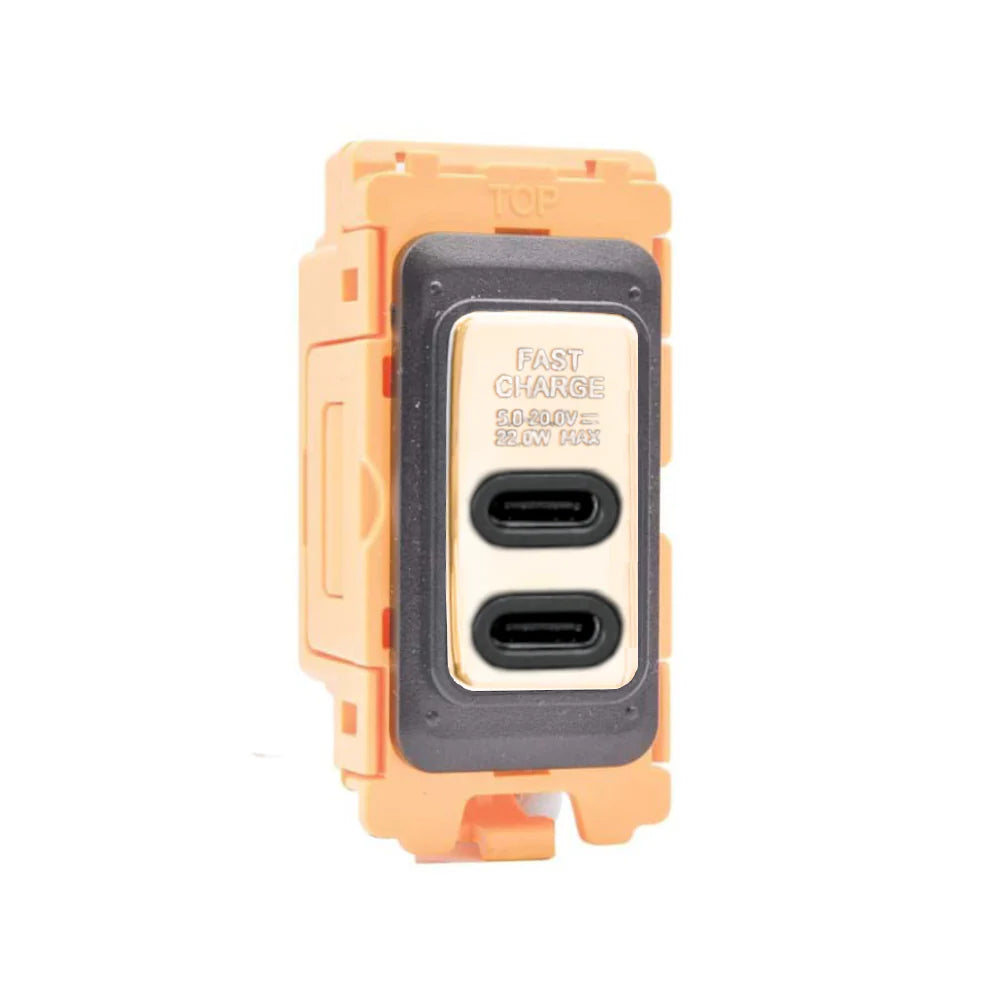 GRID-IT FL FLUSBC+C-PB-B 2 gang USB Type C Outlets (3.6A Shared) + Bezel with Polished Brass/Black Inserts