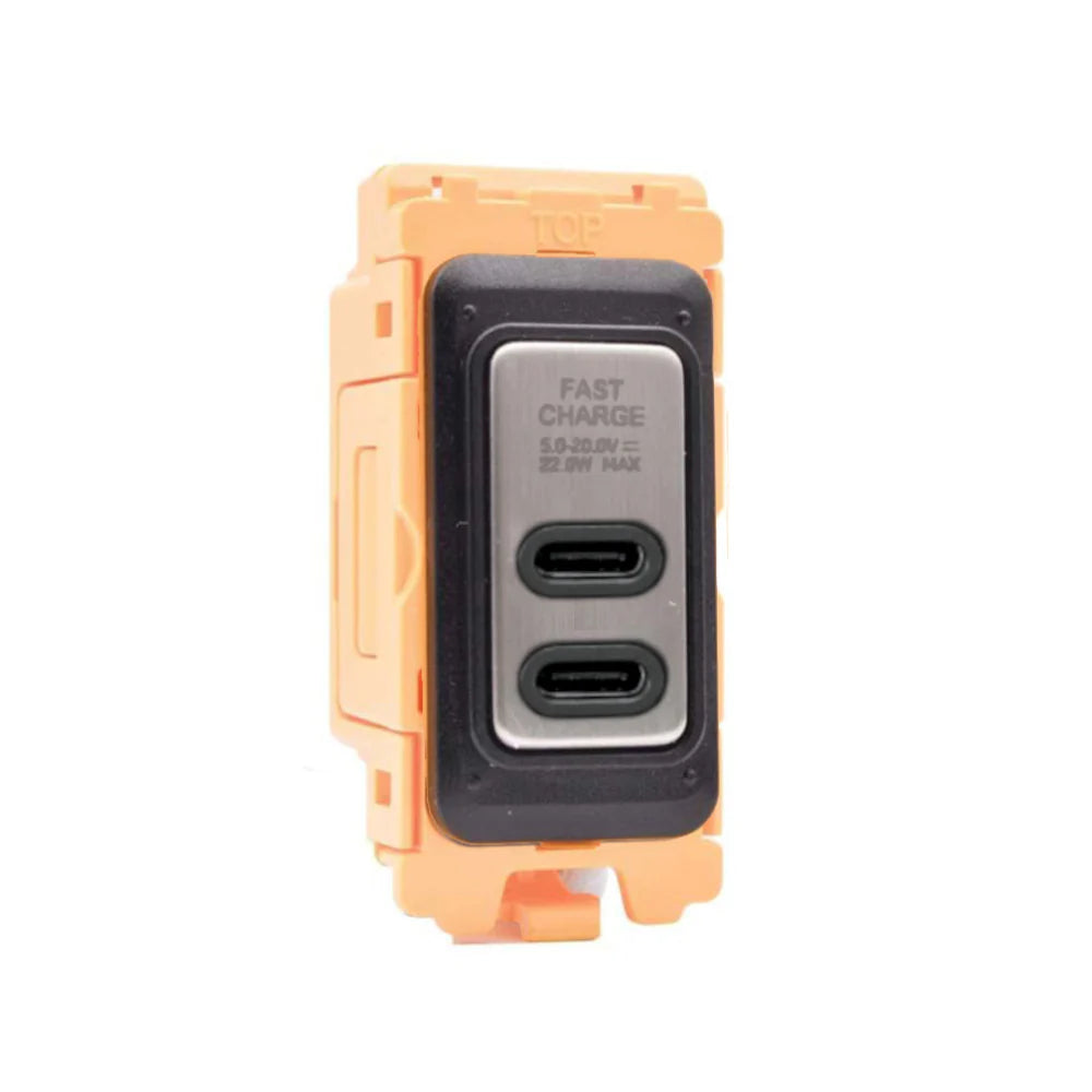 GRID-IT FL FLUSBC+C-SS-B 2 gang USB Type C Outlets (3.6A Shared) + Bezel with Satin Steel/Black Inserts