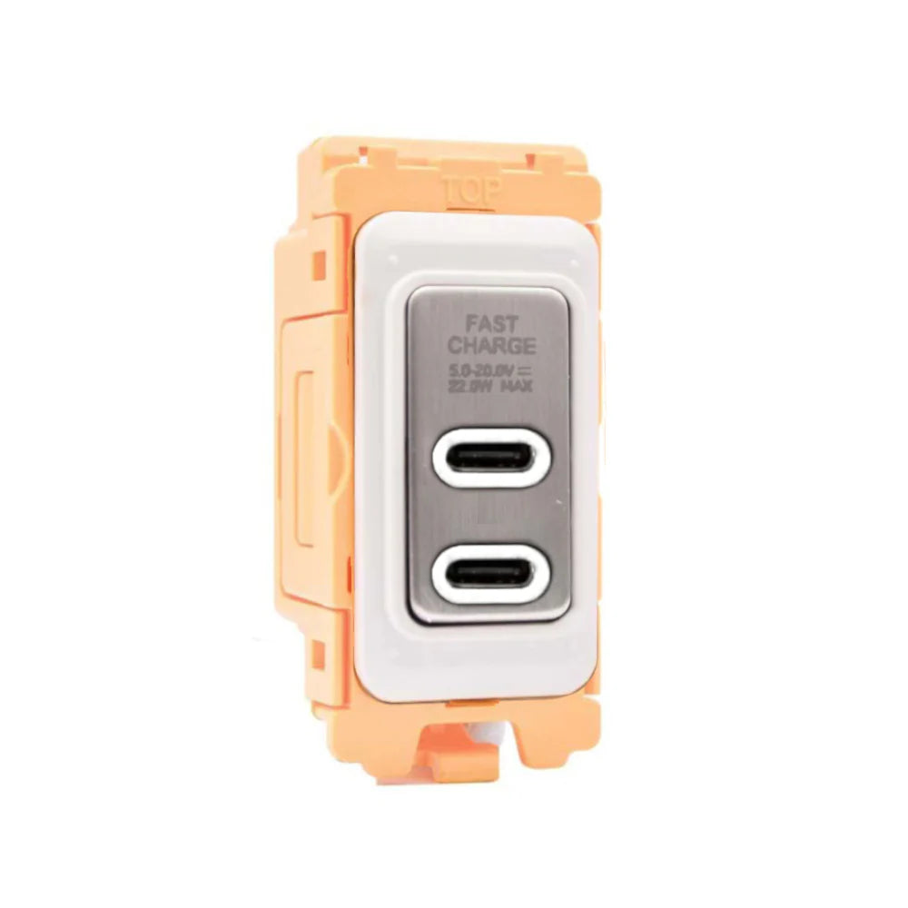 GRID-IT FL FLUSBC+C-SS-W 2 gang USB Type C Outlets (3.6A Shared) + Bezel with Satin Steel/White Inserts