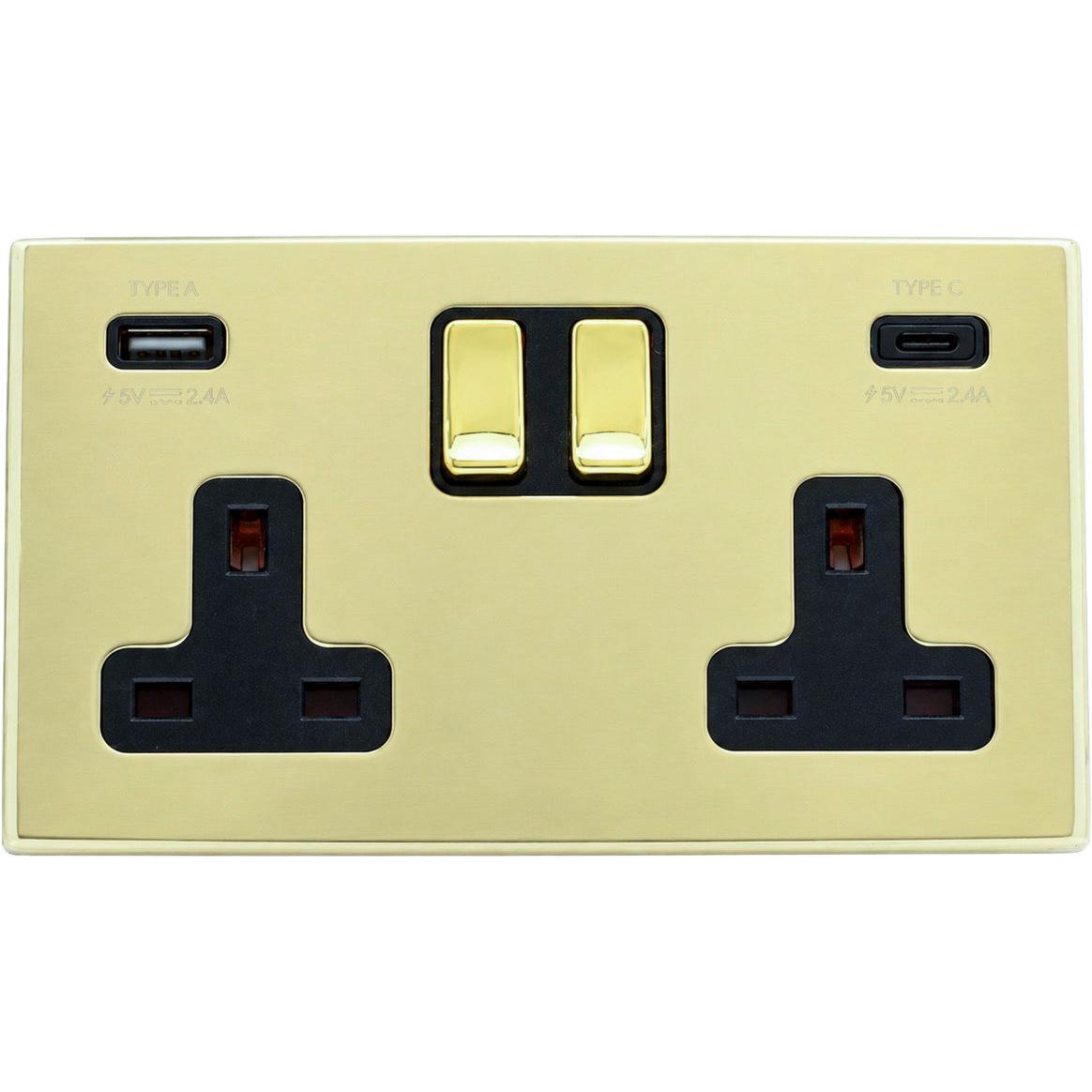 Hamilton 71CSS2USBA+CPB-B Hartland CFX Polished Brass 2 gang 13A Double Pole Switched Socket with 1 USB + 1 USB Type C Outlet 2x2.4A Polished Brass/Black