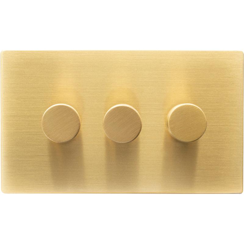 Hamilton 72C3XLEDITB250-3 Hartland CFX Satin Brass 3g 250W LED 2 Way Push On/Off Rotary Dimmer Satin Brass per gang c/w SB 3Line Knob