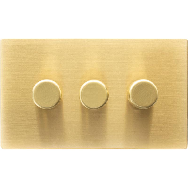 Hamilton 72C3XLEDITB250-C Hartland CFX Satin Brass 3g 250W LED 2 Way Push On/Off Rotary Dimmer Satin Brass per gang c/w SB Classic Knob