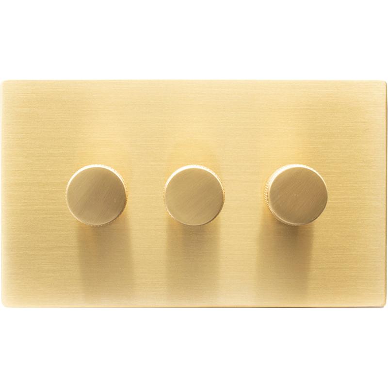 Hamilton 72C3XLEDITB250-K Hartland CFX Satin Brass 3g 250W LED 2 Way Push On/Off Rotary Dimmer Satin Brass per gang c/w SB Knurled Knob