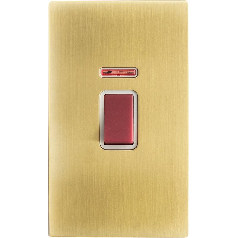 Hamilton 72C45VW Hartland CFX Satin Brass 1 gang 45A Double Pole Rocker and Neon (Vertically Mounted) Red/White