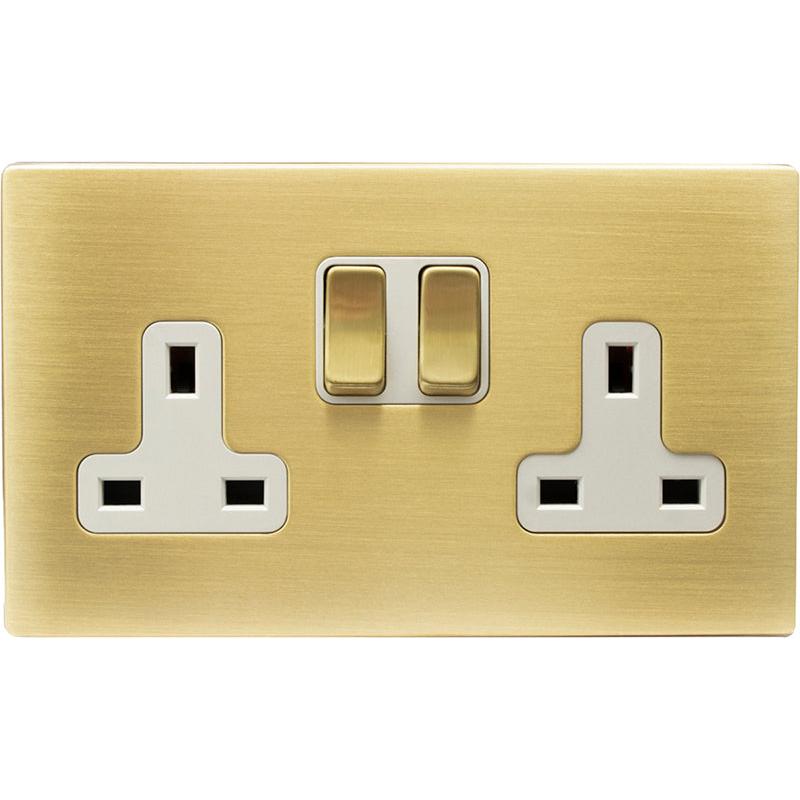 Hamilton 72CSS2SB-W Hartland CFX Satin Brass 2 gang 13A Double Pole Switched Socket Satin Brass/White