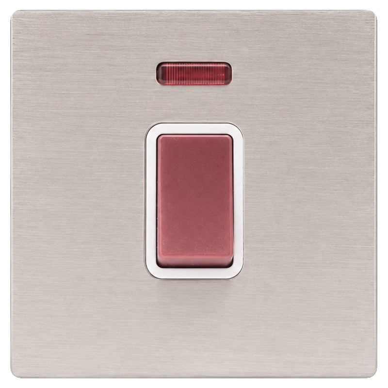 Hamilton 74C45NW Hartland CFX Satin Steel Effect 1 gang 45A Double Pole Rocker and Neon Red/White