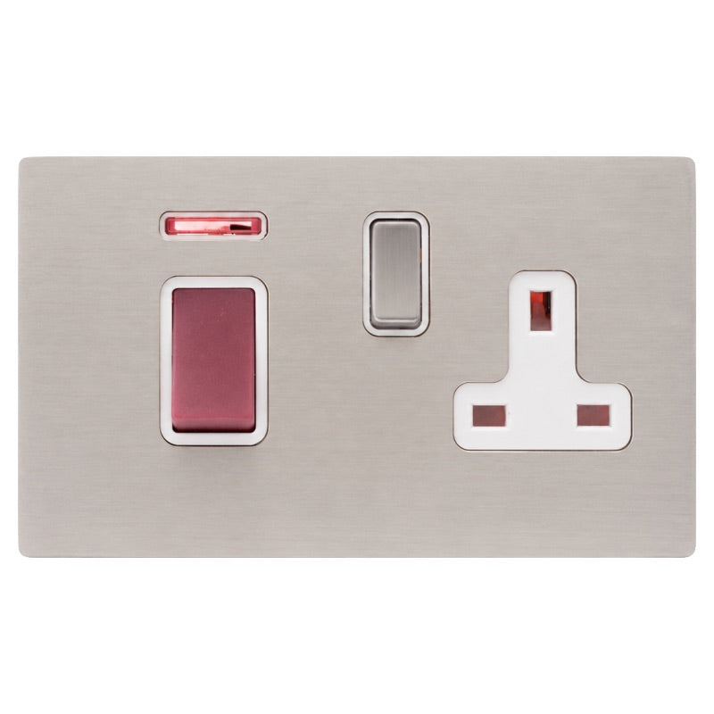Hamilton 74C45SS1SS-W Hartland CFX Satin Steel Effect 45A Double Pole Rocker + Neon + 13A Switched Socket Red+Satin Steel/White