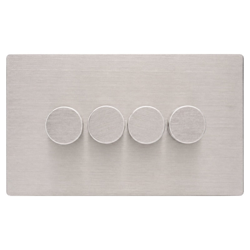 Hamilton 74C4XLEDITB250-3 Hartland CFX Satin Steel Effect 4g 250W LED 2 Way Push On/Off Rotary Dimmer Satin Steel per gang c/w SS 3Line Knob