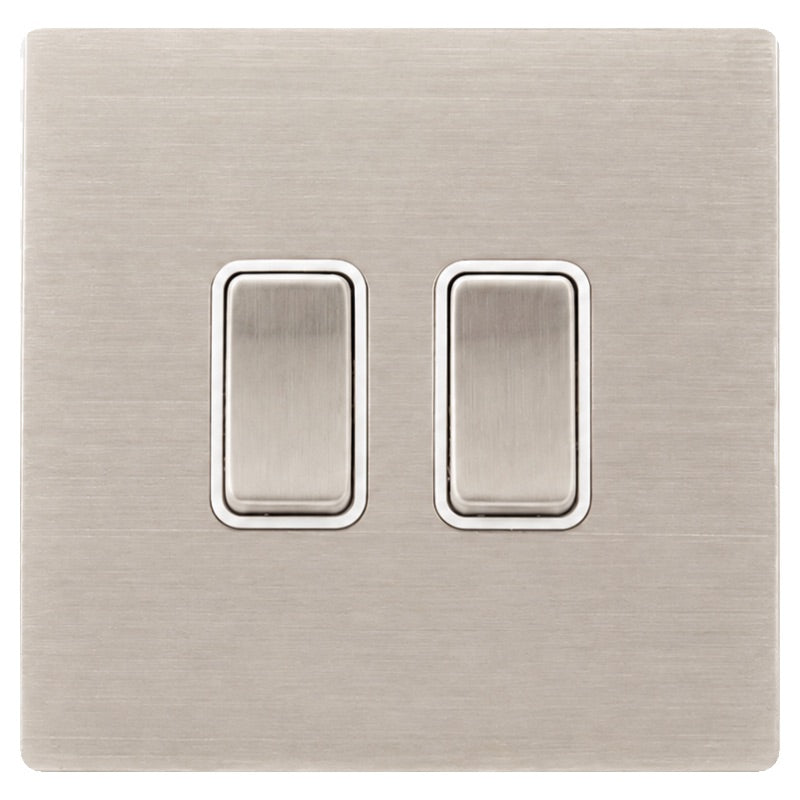 Hamilton 74CR222SS-W Hartland CFX Satin Steel Effect 2 gang 20AX 2 Way Rocker Satin Steel/White
