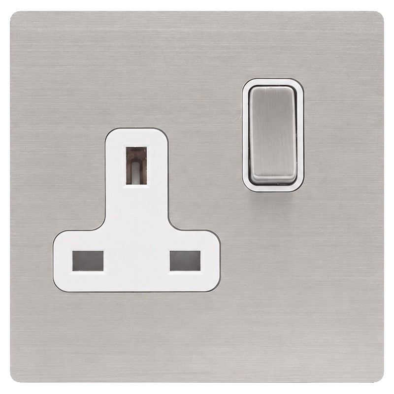 Hamilton 74CSS1SS-W Hartland CFX Satin Steel Effect 1 gang 13A Double Pole Switched Socket Satin Steel/White