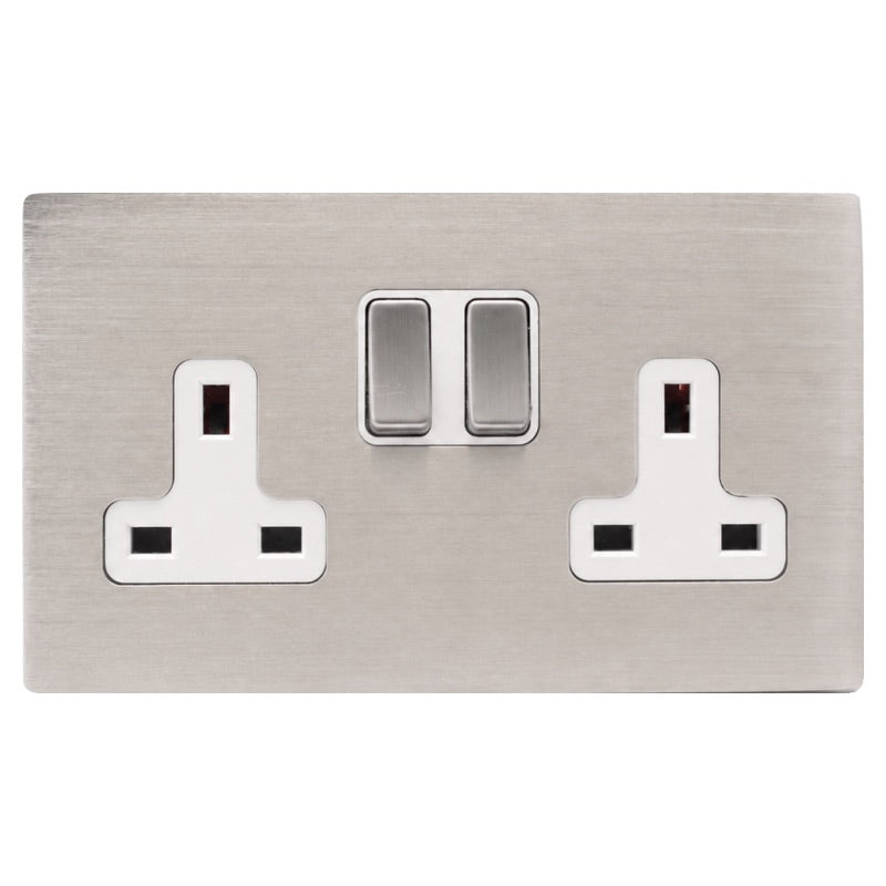 Hamilton 74CSS2SS-W Hartland CFX Satin Steel Effect 2 gang 13A Double Pole Switched Socket Satin Steel/White