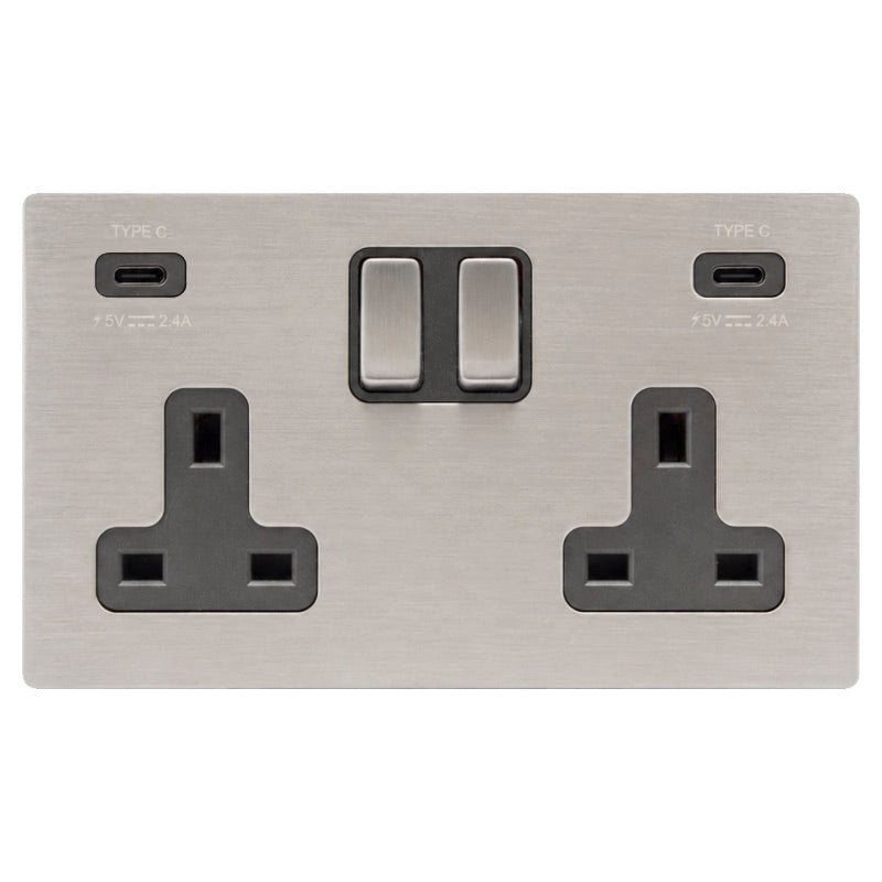 Hamilton 74CSS2USBC+CSS-QG Hartland CFX Satin Steel Effect 2 gang 13A Double Pole Switched Socket with 2 x USB Type C Outlets 2 X 2.4A (4.8A Total) Satin Steel/Quartz Grey