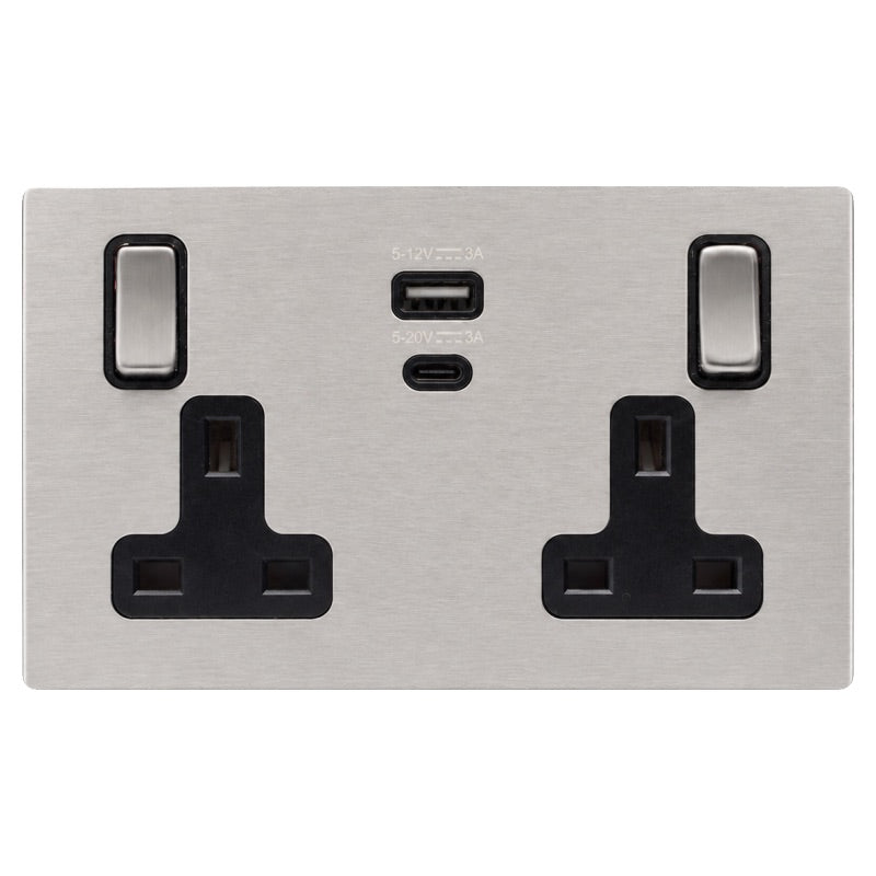 Hamilton 74CSS2USBPDSS-B Hartland CFX Satin Steel Effect 2 gang 13A Single Pole Switched Socket with 45W Type A&C Quick Charge and Power Delivery Satin Steel/Black