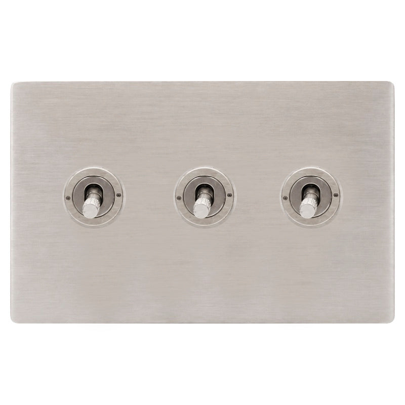Hamilton 74CT23-K Hartland CFX Satin Steel Effect 3 gang 20AX 2 Way Toggle Satin Steel c/w SS Knurled Toggle