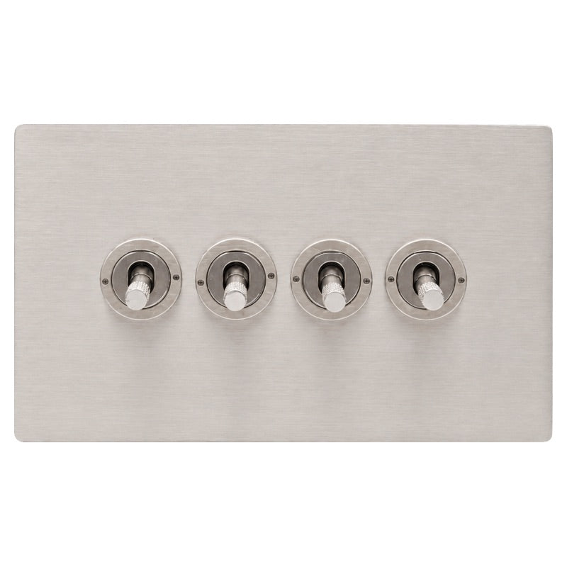 Hamilton 74CT24-K Hartland CFX Satin Steel Effect 4 gang 20AX 2 Way Toggle Satin Steel c/w SS Knurled Toggle