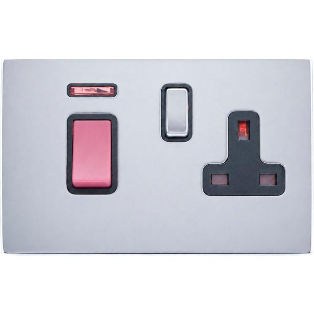 Hamilton 77C45SS1BC-B Hartland CFX Bright Chrome 45A Double Pole Rocker + Neon + 13A Switched Socket Red+Bright Chrome/Black