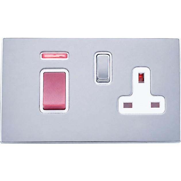 Hamilton 77C45SS1BC-W Hartland CFX Bright Chrome 45A Double Pole Rocker + Neon + 13A Switched Socket Red+Bright Chrome/White