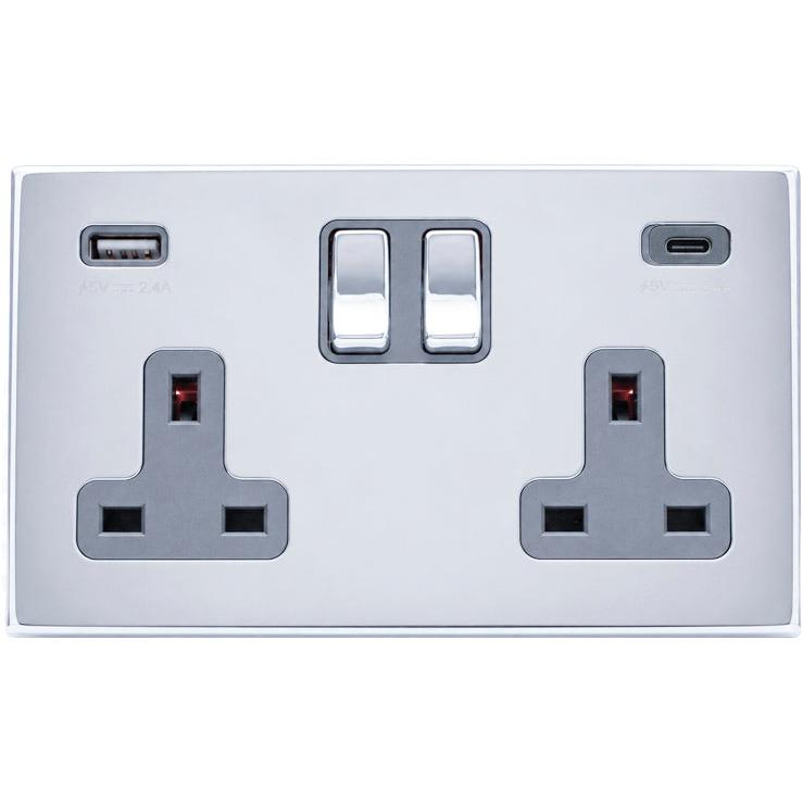 Hamilton 77CSS2USBA+CBC-QG Hartland CFX Bright Chrome 2 gang 13A Double Pole Switched Socket with 1 USB + 1 USB Type C Outlet 2x2.4A Bright Chrome/Quartz Grey