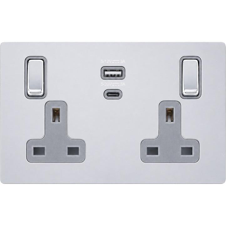 Hamilton 77CSS2USBPDBC-QG Hartland CFX Bright Chrome 2 gang 13A Single Pole Switched Socket with 45W Type A&C Quick Charge and Power Delivery Bright Chrome/Quartz Grey