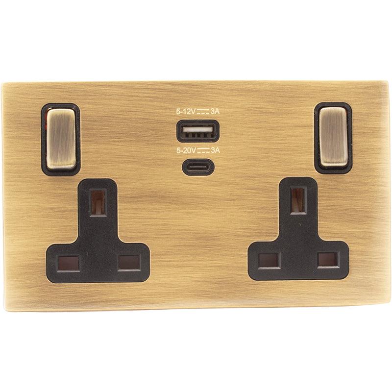 Hamilton 79CSS2USBPDAB-B Hartland CFX Antique Brass 2 gang 13A Single Pole Switched Socket with 45W Type A&C Quick Charge and Power Delivery Antique Brass/Black