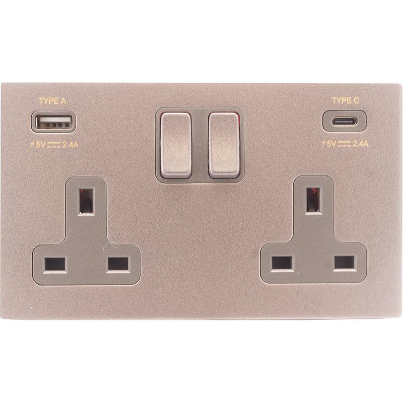 Hamilton 7BGCSS2USBA+CBG-QG Hartland CFX Bassalt Gray 2 gang 13A Double Pole Switched Socket with 1 USB + 1 USB Type C Outlet 2x2.4A Bassalt Gray/Quartz Grey