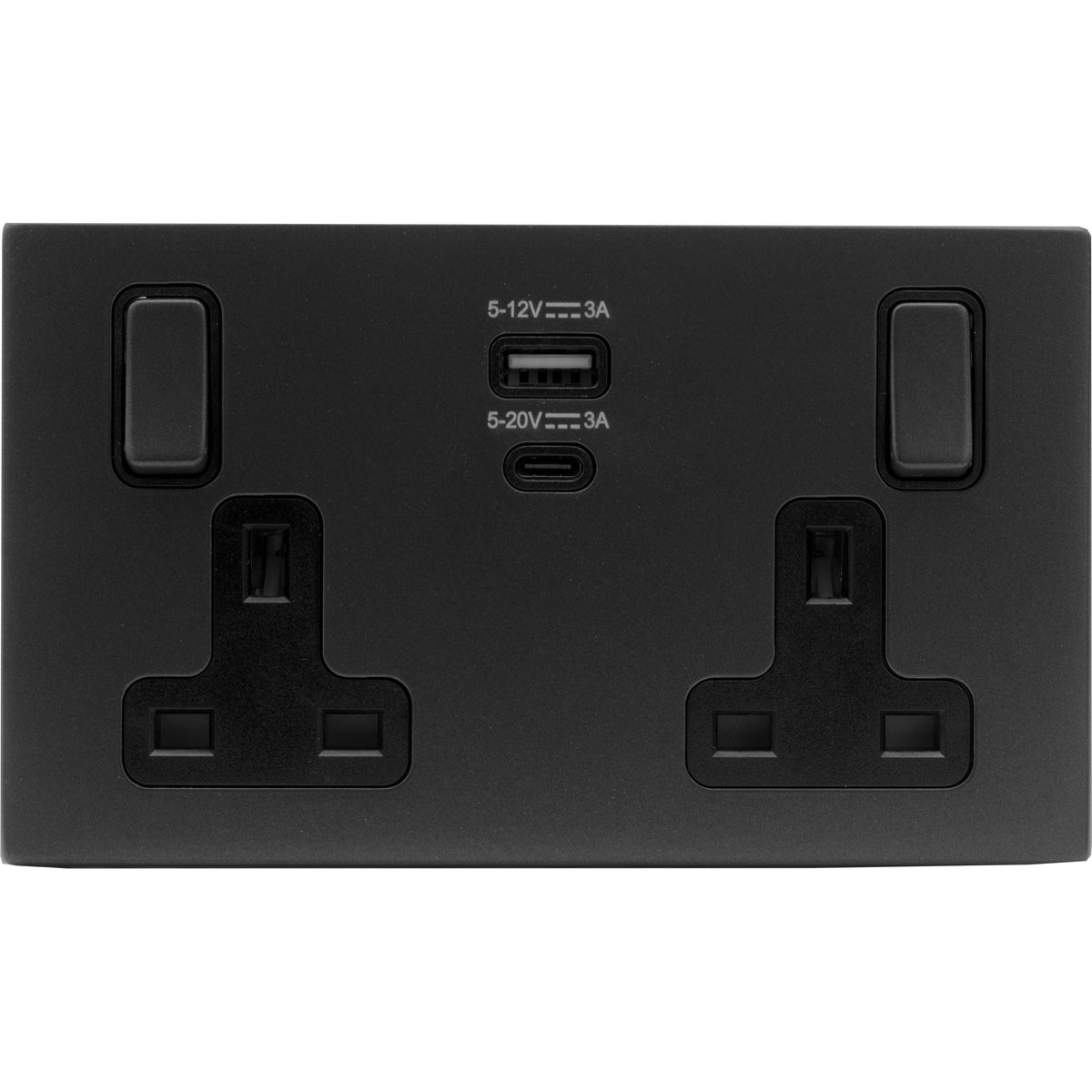 Hamilton 7MBCSS2USBPDBL-B Hartland CFX Matt Black 2 gang 13A Single Pole Switched Socket with 45W Type A&C Quick Charge and Power Delivery Matt Black/Black