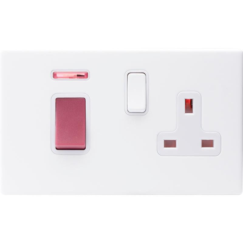 Hamilton 7MWC45SS1WH-W Hartland CFX Matt White 45A Double Pole Rocker + Neon + 13A Switched Socket Red+Matt White/White