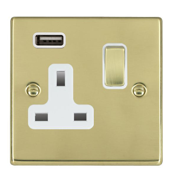 Hartland 71SS1USBPB-W 1 gang 13A Single Pole Switched Socket with 1 USB Outlet 1x2.1A Polished Brass with Polished Brass/White Inserts