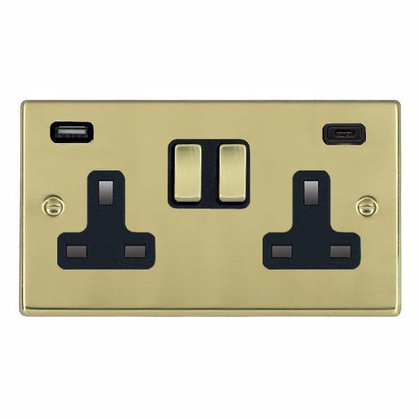 Hartland 71SS2USBCPB-B 2 gang 13A Double Pole Switched Socket with 1 USB Outlet + 1 USB Type C Outlet 2x2.4A (4.8A Total) Polished Brass with Polished Brass/Black Inserts