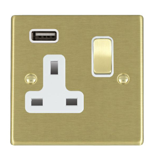 Hartland 72SS1USBSB-W 1 gang 13A Single Pole Switched Socket with 1 USB Outlet 1x2.1A Satin Brass with Satin Brass/White Inserts