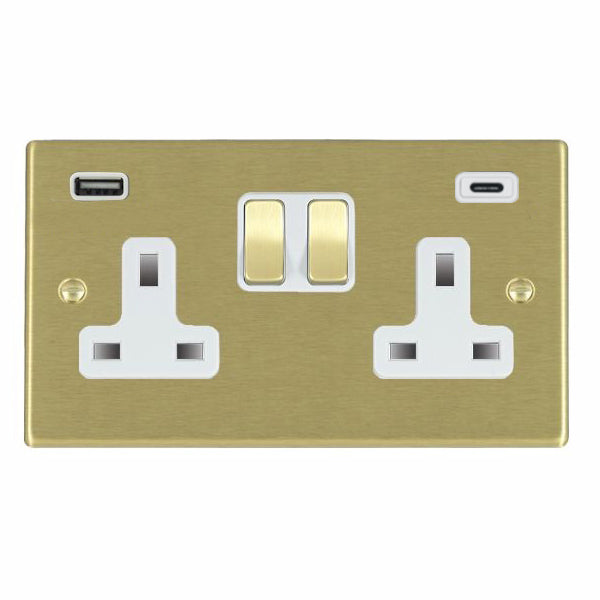 Hartland 72SS2USBCSB-W 2 gang 13A Double Pole Switched Socket with 1 USB Outlet + 1 USB Type C Outlet 2x2.4A (4.8A Total) Satin Brass with Satin Brass/White Inserts