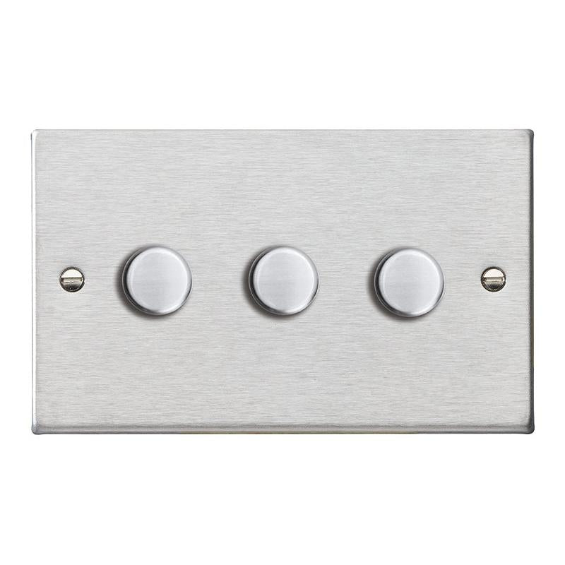 Hartland 743XLEDITB250 3 gang 250W LED Trailing/Leading Edge Push On/Off Rotary 2 Way Switching Dimmer Satin Steel with Satin Steel Inserts