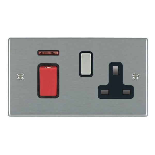 Hartland 7445SS1SS-B 45A Double Pole Red Rocker + Neon + 13A Switched Socket Satin Steel with Red+Satin Steel/Black Inserts