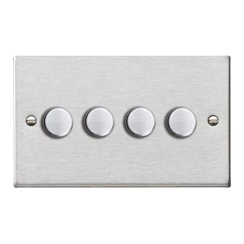Hartland 744XLEDITB100 4 gang 100W LED Trailing/Leading Edge Push On/Off Rotary 2 Way Switching Dimmer Satin Steel with Satin Steel Inserts