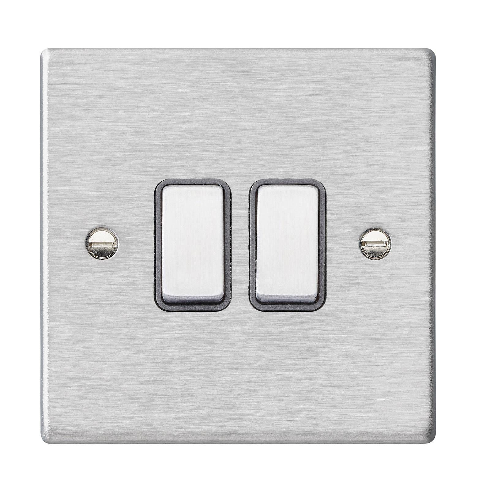 Hartland 74R22SS-QG 2 gang 10AX 2 Way Rocker Satin Steel with Satin Steel/Quartz Grey Inserts