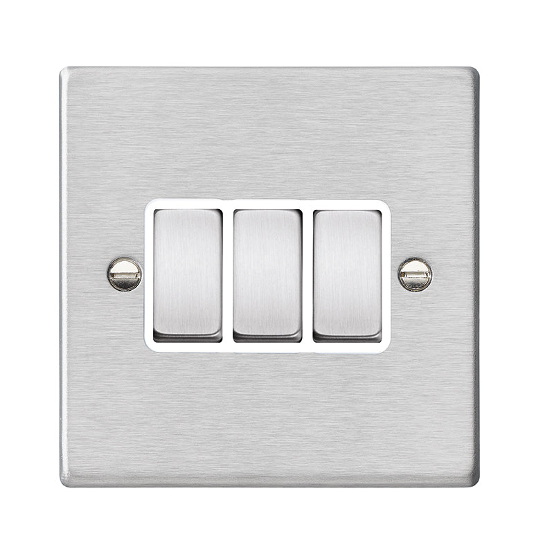 Hartland 74R23SS-W 3 gang 10AX 2 Way Rocker Satin Steel with Satin Steel/White Inserts