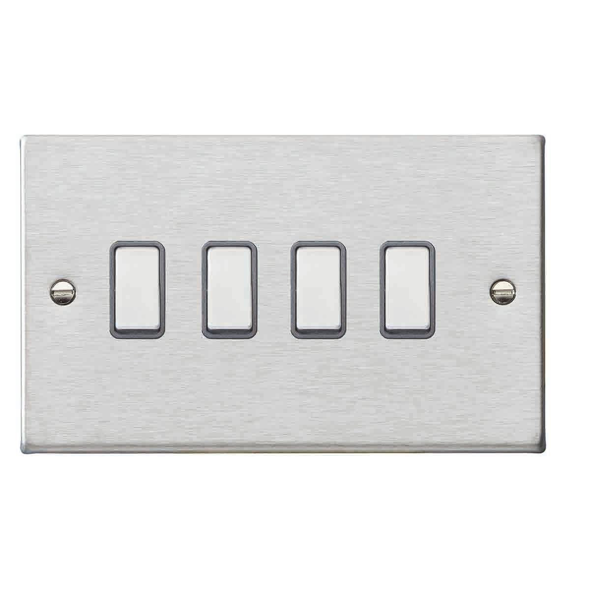 Hartland 74R24SS-QG 4 gang 10AX 2 Way Rocker Satin Steel with Satin Steel/Quartz Grey Inserts