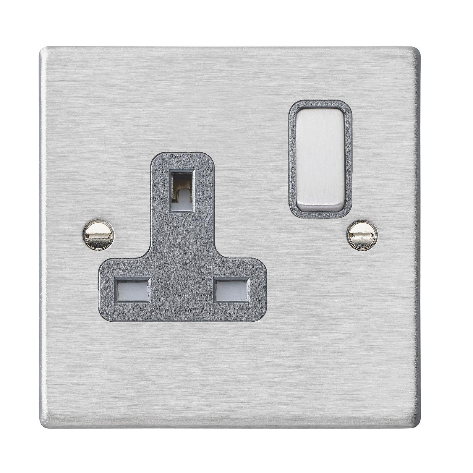 Hartland 74SS1SS-QG 1 gang 13A Double Pole Switched Socket Satin Steel with Satin Steel/Quartz Grey Inserts