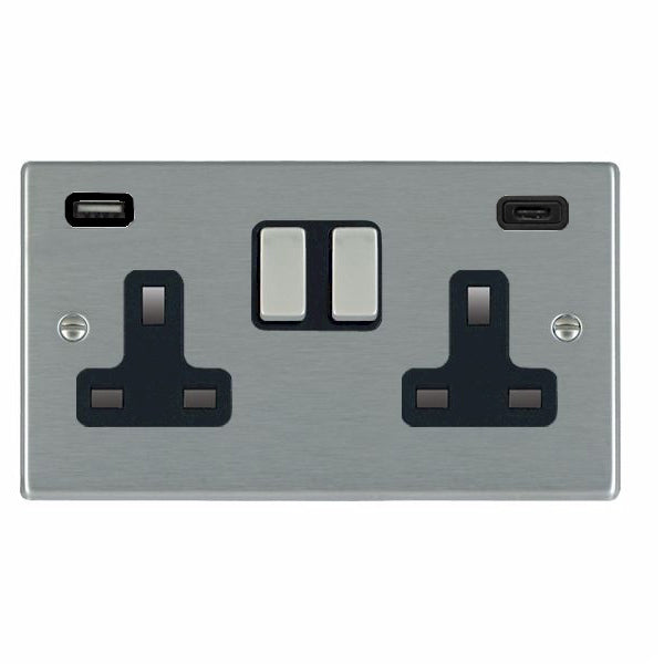 Hartland 74SS2USBCSS-B 2 gang 13A Double Pole Switched Socket with 1 USB Outlet + 1 USB Type C Outlet 2x2.4A (4.8A Total) Satin Steel with Satin Steel/Black Inserts