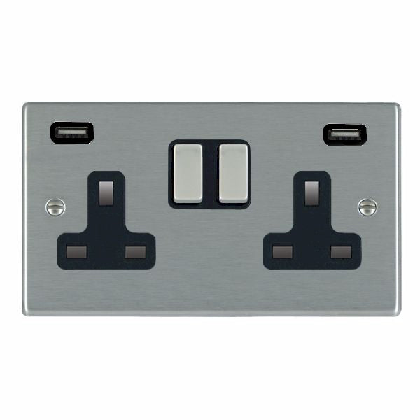 Hartland 74SS2USBULTSS-B 2 gang 13A Double Pole Switched Socket with 2 USB Outlets 2x2.4A (4.8A Total) Satin Steel with Satin Steel/Black Inserts